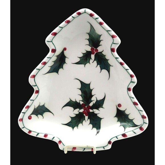 Vintage Lefton Holly Candy Cane Open Candy Dish Christmas Tree Shape Japan - Picture 1 of 7